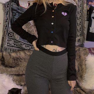 Heart Print Cropped Rib-knit Cardigan
