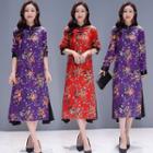 Long-sleeve Floral Midi Mandarin Collar Dress