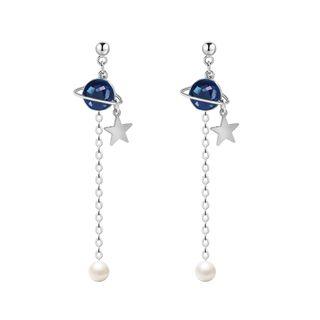925 Sterling Silver Faux Pearl Planet Dangle Earring 1 Pair - As Shown In Figure - One Size
