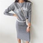 Set: Layered-hem Letter Knit Top + H-line Skirt