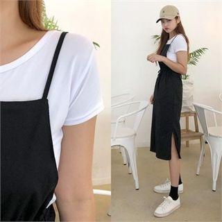 Set: Plain T-shirt + Drawstring-wait Jumper Dress