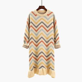Long-sleeve Ruffle Hem Chevron Knit Dress