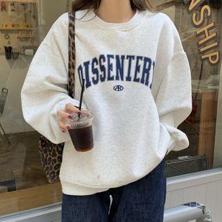 Lettering Round-neck Long-sleeve Sweatshirt Light Gray - One Size