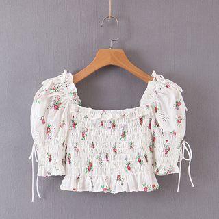 Puff-sleeve Floral Cropped Top