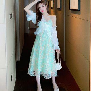 Sleeveless Floral Embroidered Chiffon A-line Dress / Long-sleeve Lace-up Light Cardigan