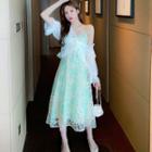 Sleeveless Floral Embroidered Chiffon A-line Dress / Long-sleeve Lace-up Light Cardigan