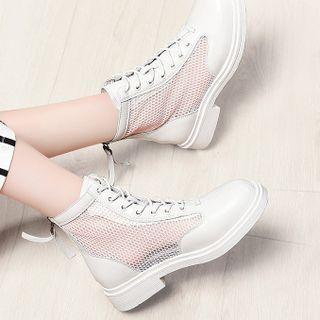 Low-heel Mesh Panel Lace-up Short Boots