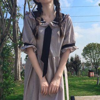 Collared Elbow-sleeve Midi A-line Dress Gray - One Size