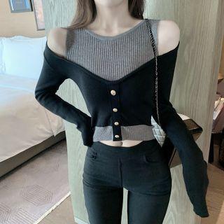 Cold-shoulder Two-tone Knit Crop Top