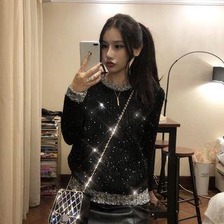 Long-sleeve Sweater / Faux Leather A-line Skirt