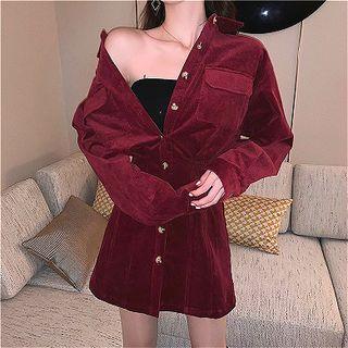 Plain Single-breasted Long-sleeve Corduroy Shirtdress