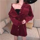 Plain Single-breasted Long-sleeve Corduroy Shirtdress