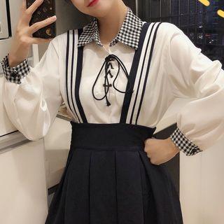 Gingham Panel Lace-up Blouse