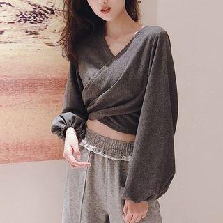 Balloon-sleeve Twisted Cropped Top As Shown In Figure - One Size