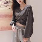 Balloon-sleeve Twisted Cropped Top As Shown In Figure - One Size
