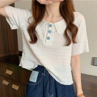 Short-sleeve Collared Floral-button Polo Top