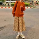Crew-neck Sweater / Flower Print Midi A-line Skirt