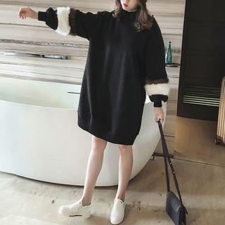 Furry Trim Mock Neck Sweater Dress