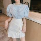 Puff-sleeve Blouse / Ruffle Mini Pencil Skirt