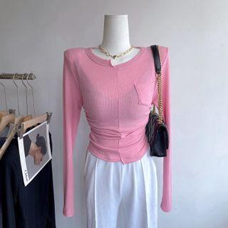Round-neck Plain Striped Pocket Cropped Top