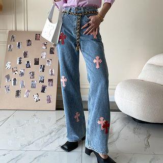 Cross Patched High Waist Straight Leg Jeans