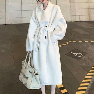 Long Double-breasted Tie-waist Fleece Coat
