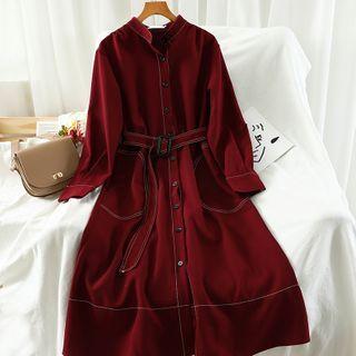 Contrast Stitching Long-sleeve Shift Dress