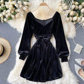 V-neck Long-sleeve Nail Faux Velvet Dress