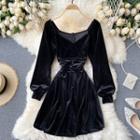 V-neck Long-sleeve Nail Faux Velvet Dress