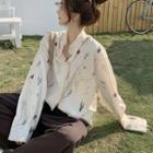 Long-sleeve Fluffy Trim Floral Print Shirt White - One Size