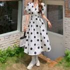 V-neck Dots Puff-sleeve Dress