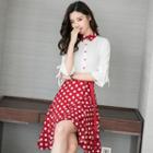 Set: Elbow-sleeve Chiffon Shirt + Polka Dot A-line Skirt