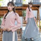 Hanfu Set: Long-sleeve Embroidered Top + Maxi A-line Skirt