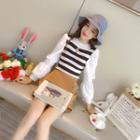 Puff-sleeve Paneled Striped Knit Top