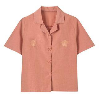 Set: Flower Embroidered Short-sleeve Shirt + High Waist A-line Skirt