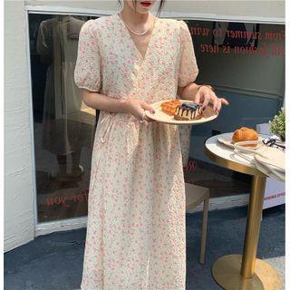 Short-sleeve Floral Midi A-line Dress Floral - Almond - One Size