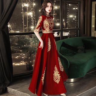 Elbow-sleeve Floral Embroidered Midi A-line Evening Gown
