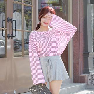 Long-sleeve Drop-shoulder Striped T-shirt