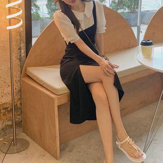 Set: Puff-sleeve Collared Blouse + Midi Overall Dress