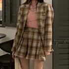 Plaid Blazer / A-line Skirt / Shirred Blouse