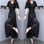 Short-sleeve V-neck Maxi A-line Dress