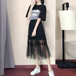 Set: Lace-panel Dress + Mesh Skirt