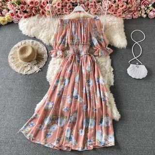 Off Shoulder Floral Print Chiffon Dress