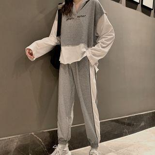 Lettering Print Mock Two-piece Hoodie / Drawstring Sweatpants Set Of 2 - One Size