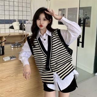 V-neck Striped Sweater Vest / Plain Shirt