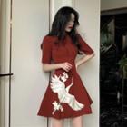 Crane Embroidered Elbow-sleeve A-line Dress