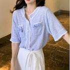 Elbow-sleeve V-neck Striped Pocket Top