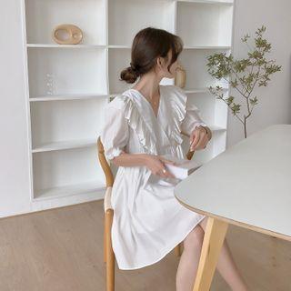 V-neck Ruffle Plain Short-sleeve Dress