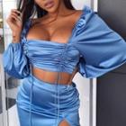 Set: Puff Sleeve Square-neck Side-drawstring Crop Blouse + Mini Slit Skirt