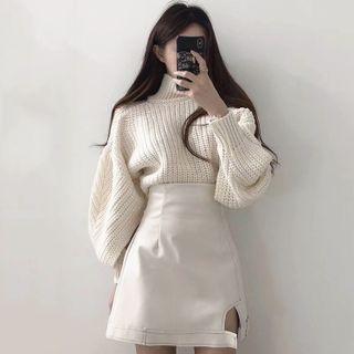 Set: Mock-neck Sweater + Mini A-line Skirt